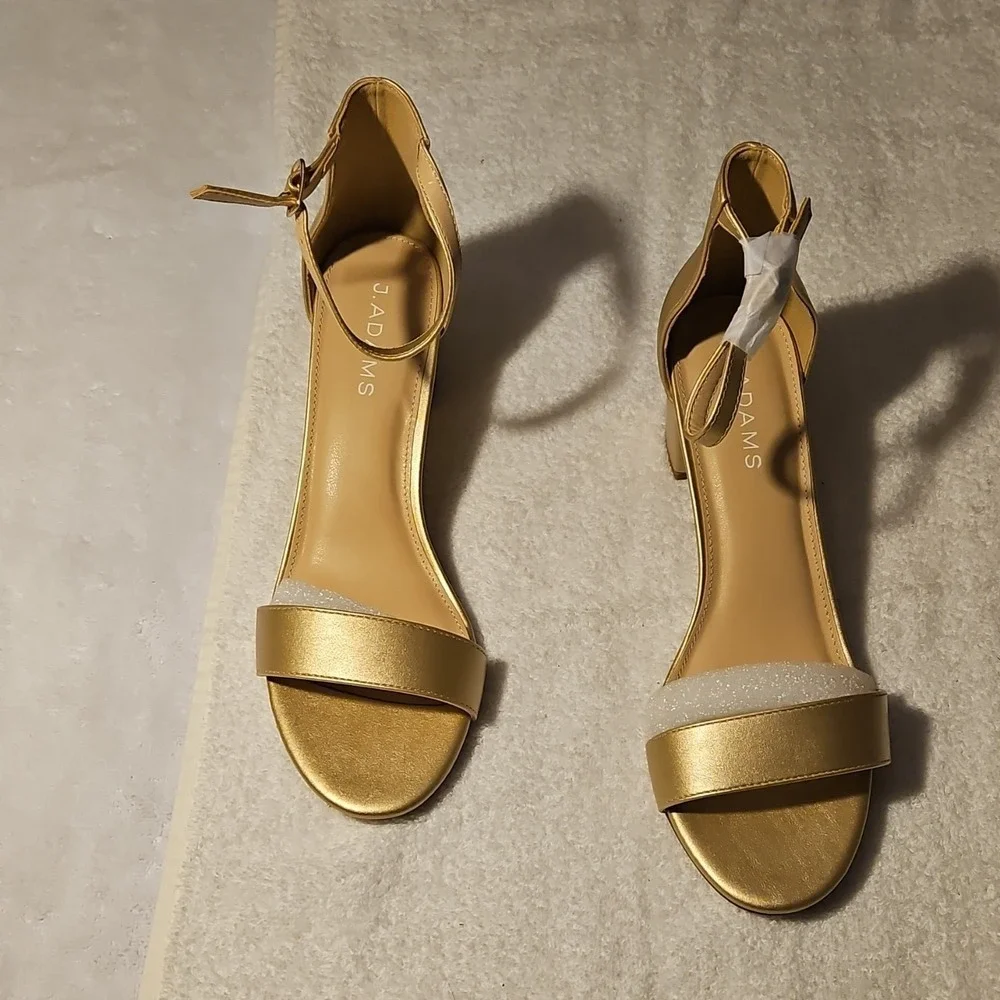 J. Adams Gold PU Strappy Block Heel Ankle Strap Sandals Buckle Women's Size 9.5
